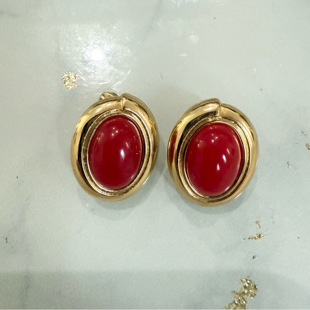 Monet Vintage Dome Gold Tone Red Gemstone Cabochon Earrings Clip on